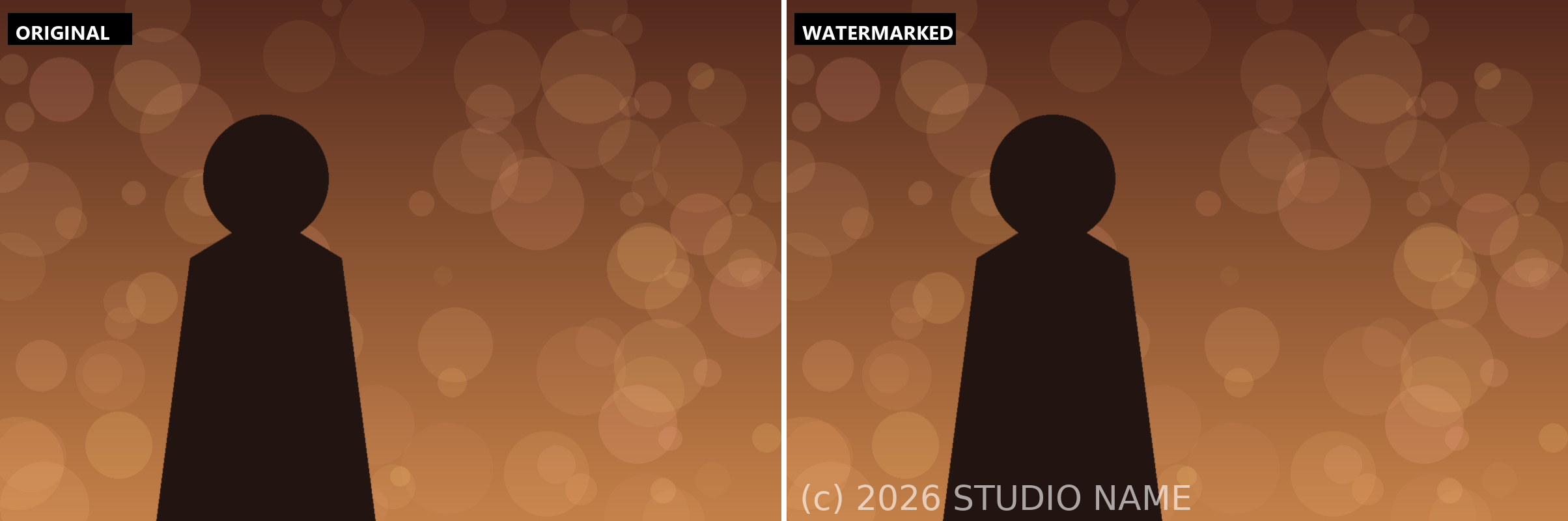 Before and after adding a photographer's proof watermark: on the left, a clean silhouetted portrait in warm amber light; on the right, the same portrait with a semi-transparent (c) 2026 STUDIO NAME mark placed in the bottom left corner at 62 percent opacity.