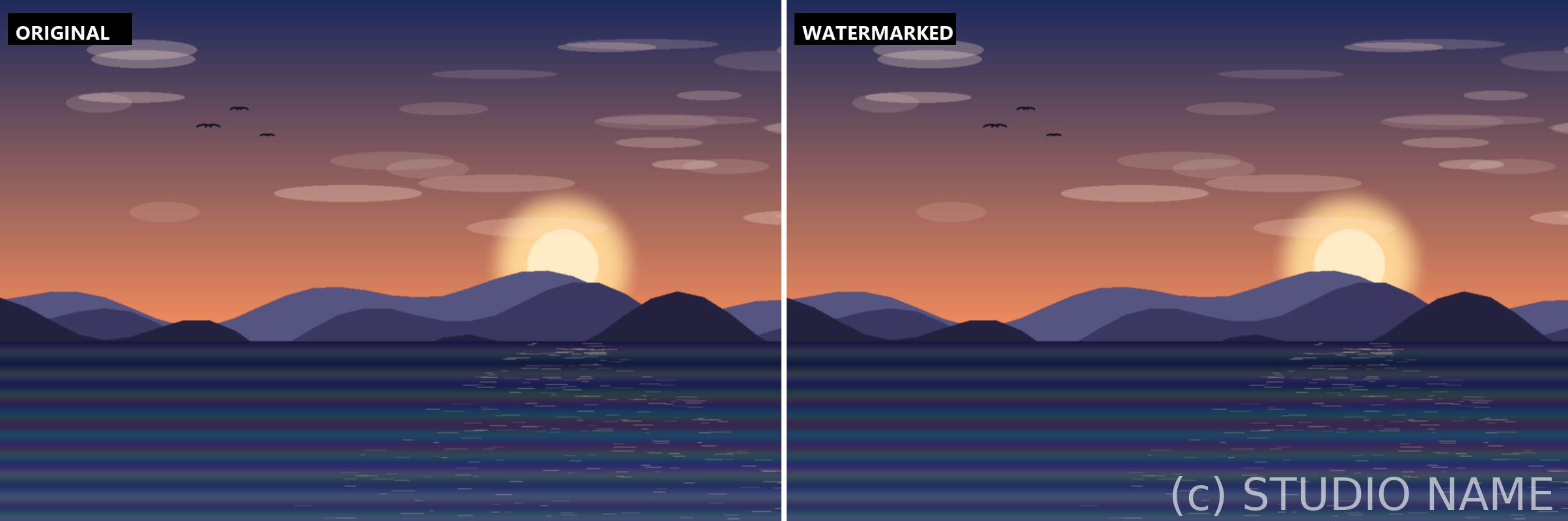 Before and after adding a watermark: on the left, a clean dusk landscape of mountain ridges above still water with the sun low on the horizon; on the right, the same photo with a semi-transparent (c) STUDIO NAME watermark in the bottom right corner at 62 percent opacity.