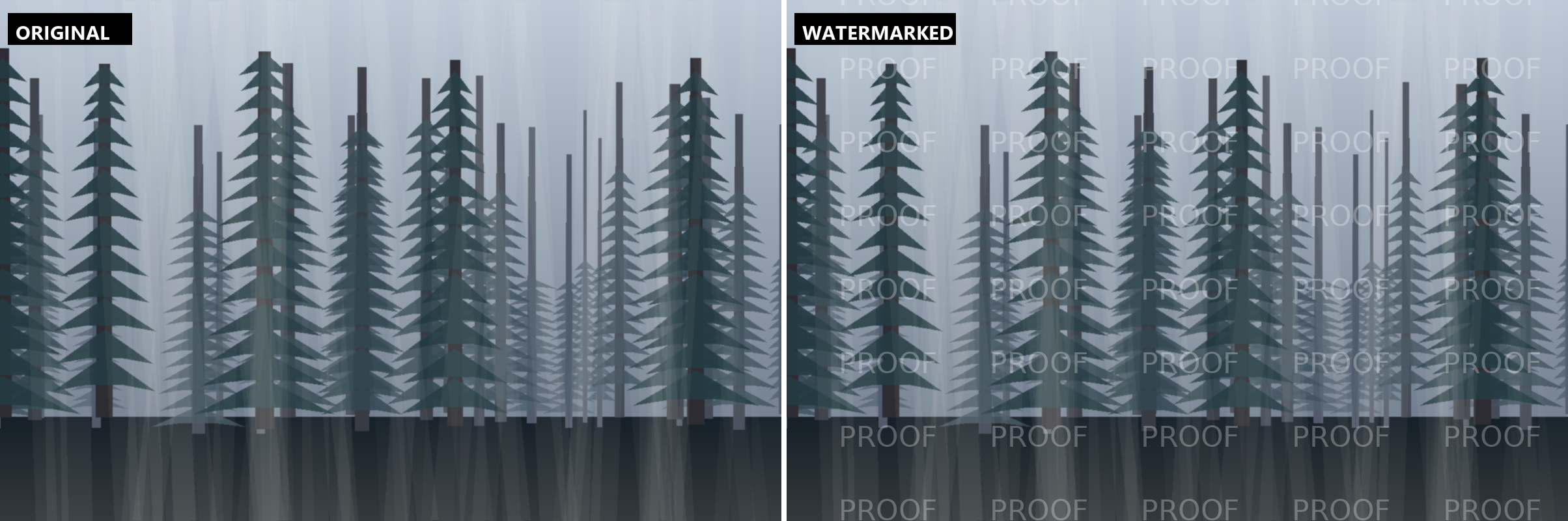 Before and after adding a tiled watermark: on the left, a clean forest photo; on the right, the same photo with the word PROOF repeated in a grid across the entire frame at 28 percent opacity, the pattern photographers use for client proofs.