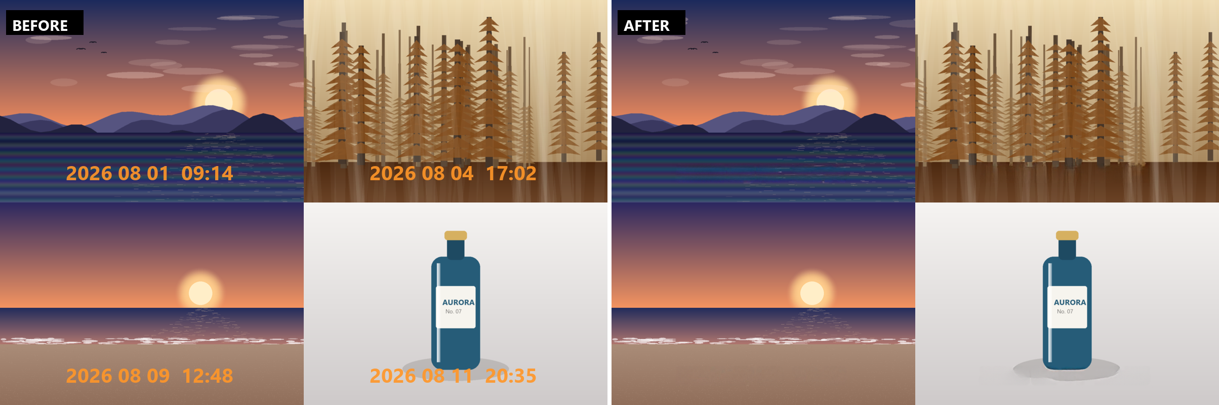 A two-by-two grid of four different photos, each carrying a camera date stamp, shown beside the same four photos after batch processing removed every stamp in a single pass.