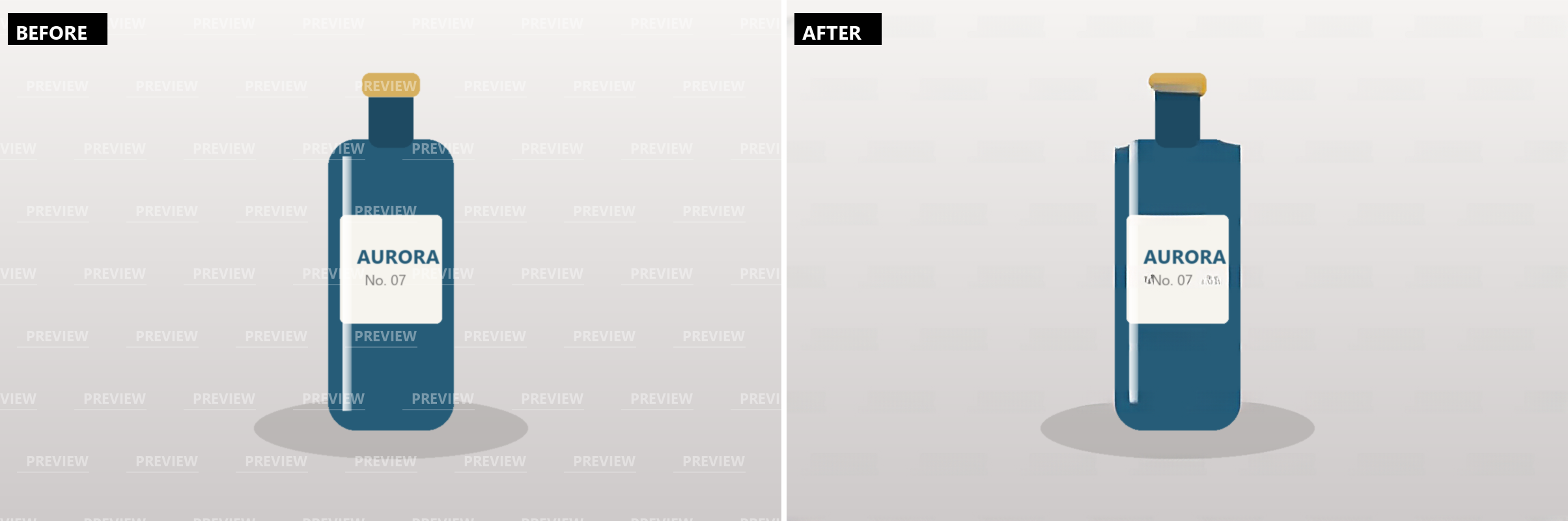 Before and after removing a tiled preview watermark: on the left, a studio product photo covered edge to edge by a small repeating PREVIEW mark; on the right, the same photo with the entire pattern removed and the backdrop and label text intact.
