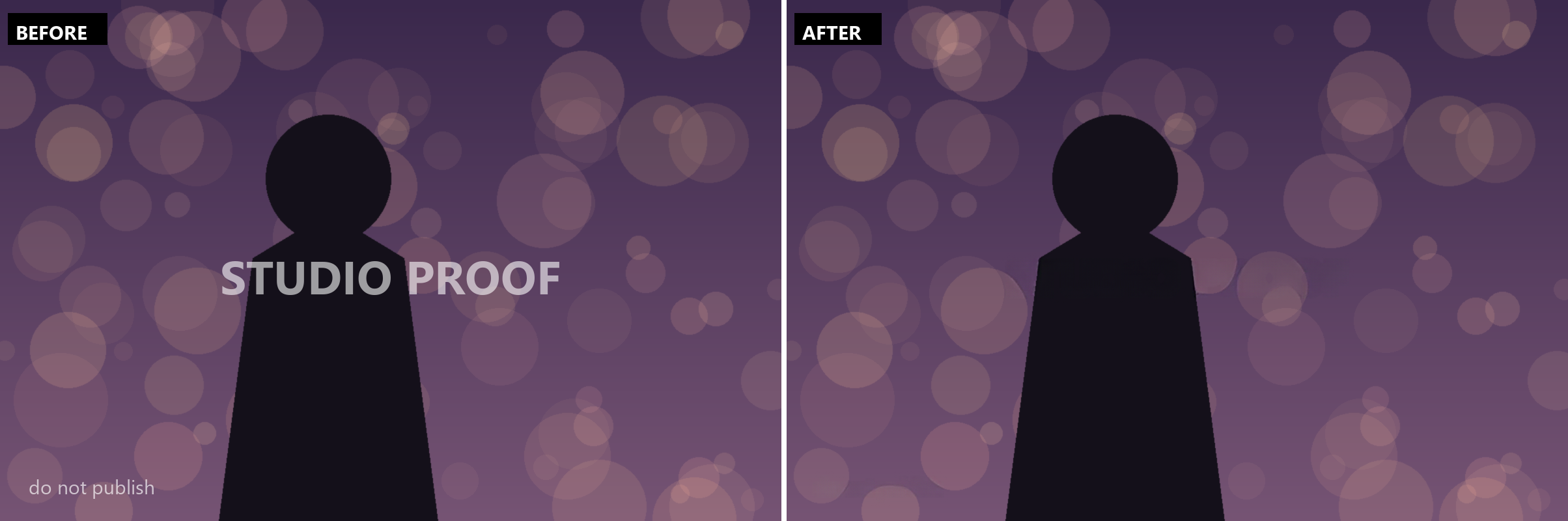 Before and after removing a proof watermark from your own photograph: on the left, a silhouetted portrait against bokeh with STUDIO PROOF across the centre and do not publish along the bottom; on the right, the same portrait with the proof marks removed.