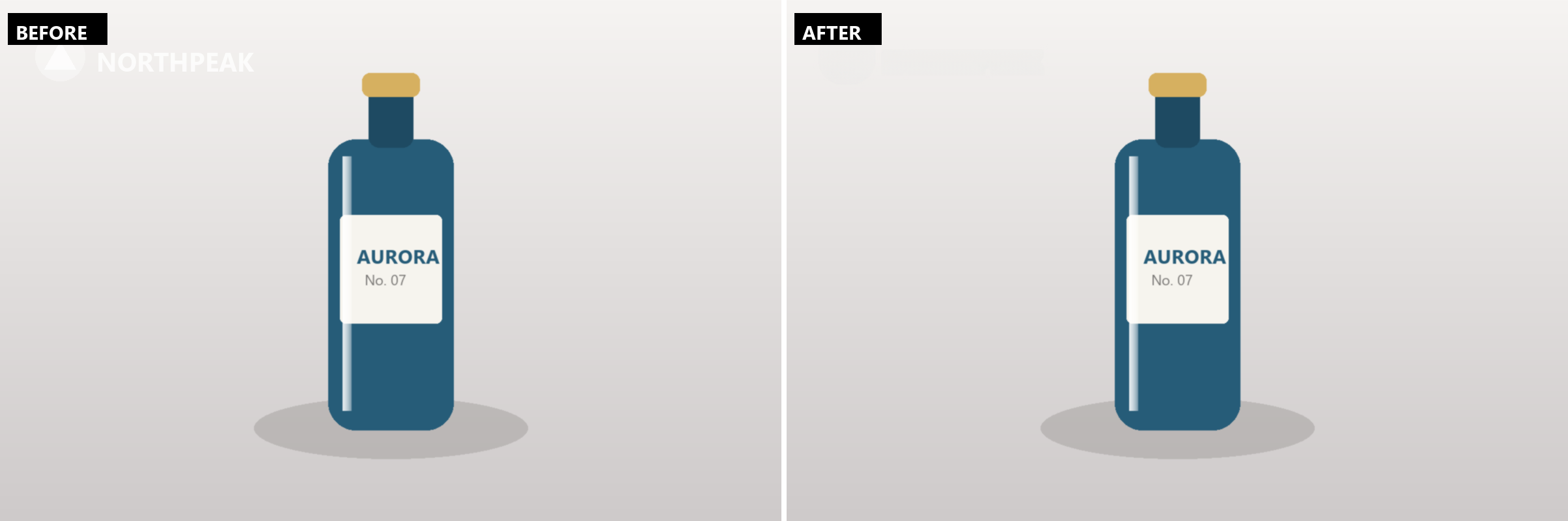Before and after logo removal: on the left, a studio product photo of a blue bottle with a white circular NORTHPEAK logo overlaid in the top left corner; on the right, the same photo with the logo gone and the seamless studio backdrop restored behind it.