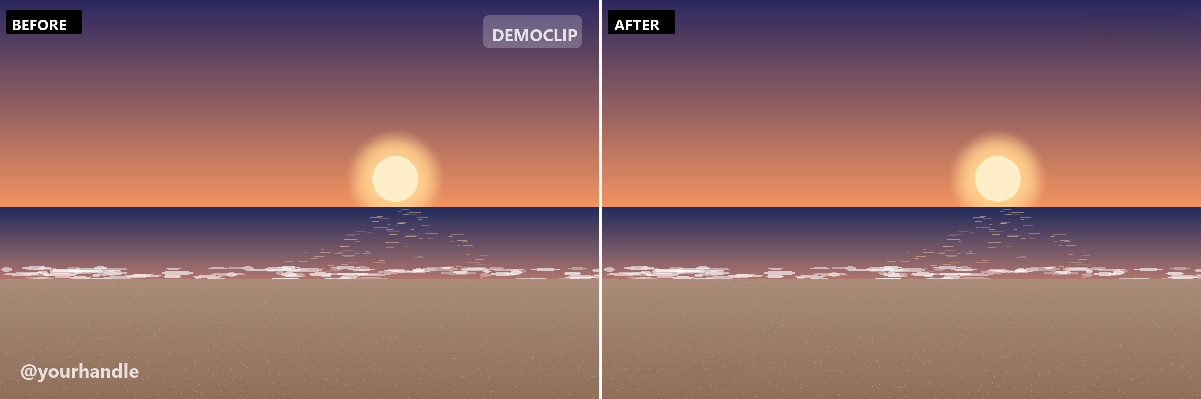 Before and after removing a watermark from a photo: on the left, a beach scene with a white DEMOCLIP badge in the top right and an @yourhandle caption along the bottom; on the right, the same scene with both marks removed.