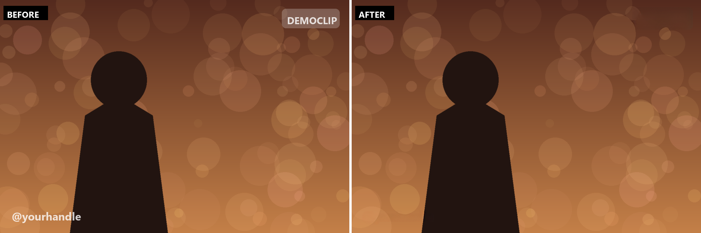 Before and after watermark removal on a portrait, demonstrating quality preservation: on the left, a silhouetted portrait against bokeh with a DEMOCLIP badge and @yourhandle overlay; on the right, the same portrait with the marks removed and the bokeh highlights and silhouette edge still sharp.