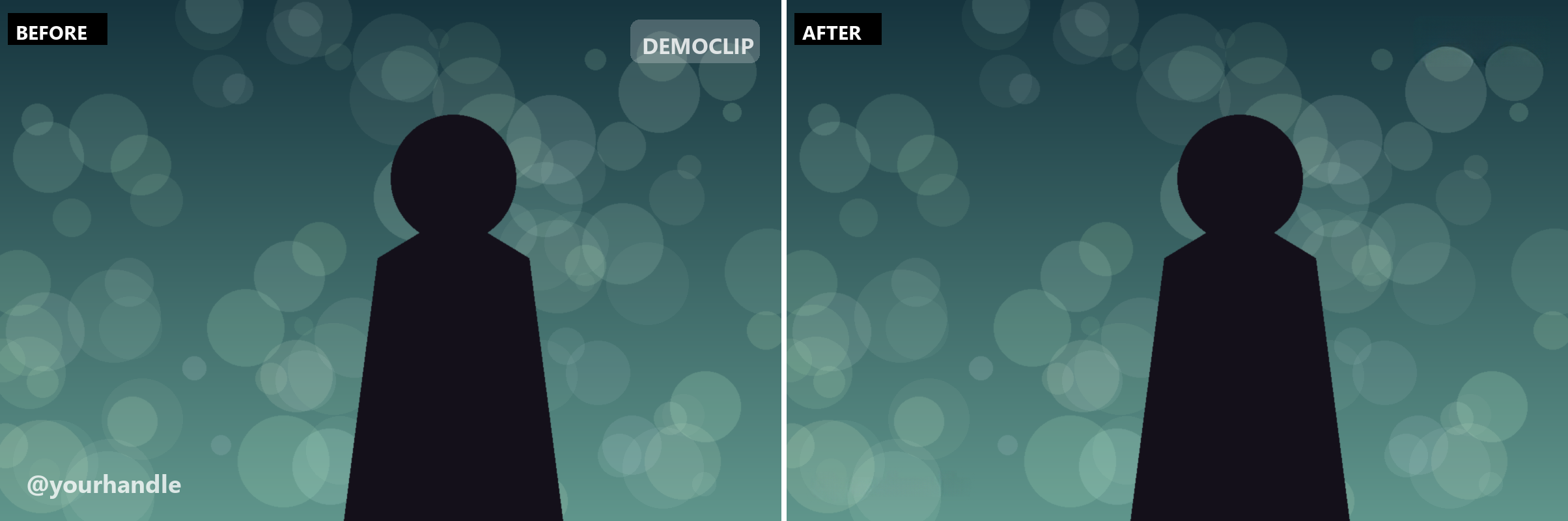 Before and after removing a social app watermark from a saved photo: on the left, a silhouetted portrait with a DEMOCLIP badge in the top right corner and an @yourhandle caption bottom left; on the right, the same portrait with both removed.