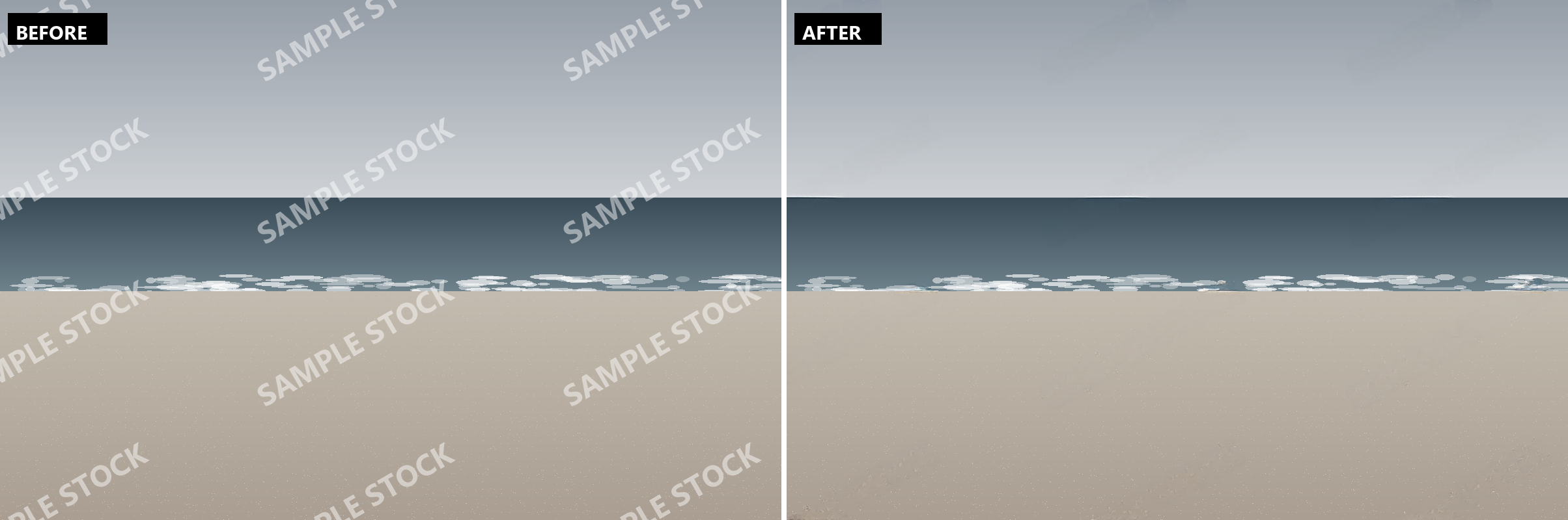 Before and after removing a stock photo watermark: on the left, a beach scene under a repeating diagonal SAMPLE STOCK watermark; on the right, the same scene with the watermark removed and the horizon and surf line unbroken.