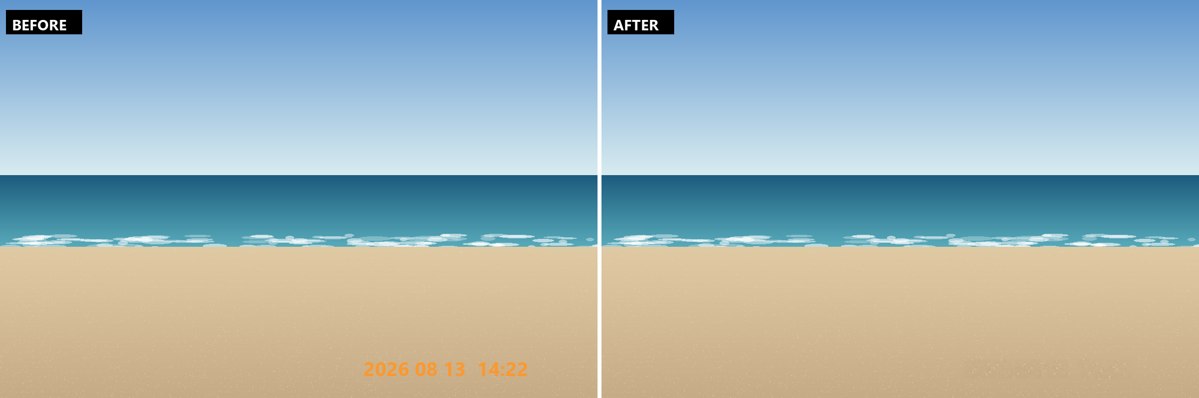 Before and after removing text from an image: on the left, a beach scene with an orange camera date stamp reading 2026 08 13 14:22 burned into the lower right; on the right, the same scene with the stamp gone and the sand grain and surf foam beneath it reconstructed.