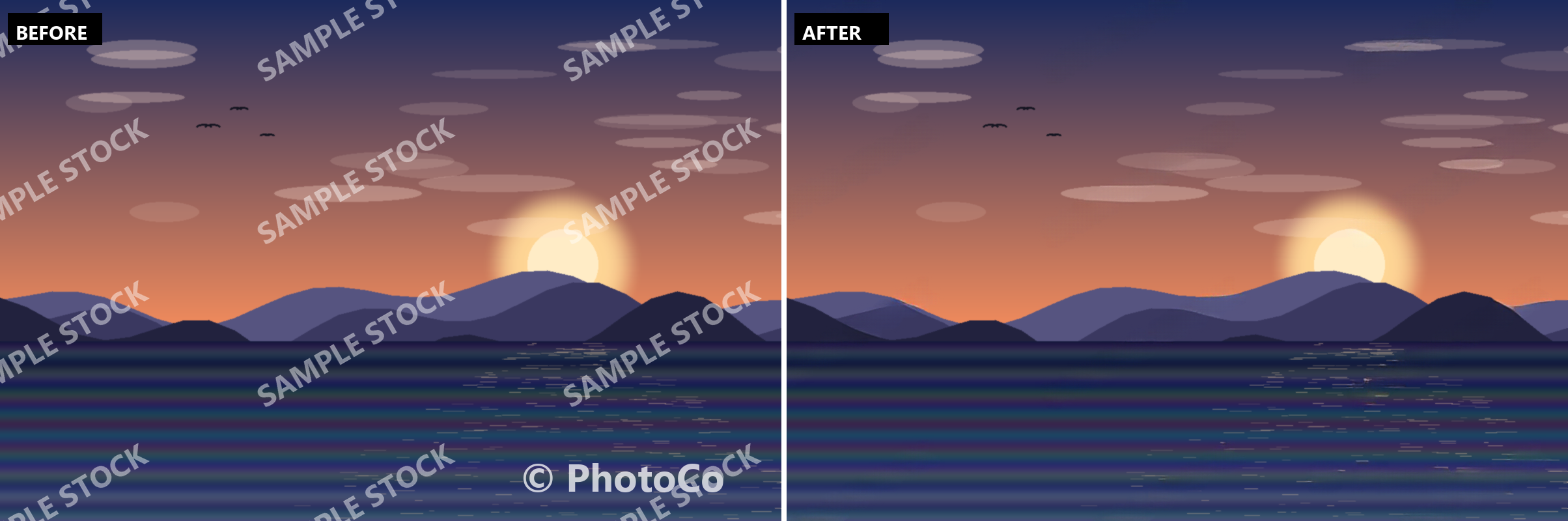 Before and after watermark removal: on the left, a dusk landscape covered by a repeating diagonal "SAMPLE STOCK" watermark and a "© PhotoCo" corner mark; on the right, the same landscape with both watermarks removed and the sun, ridgelines and water reflections intact.