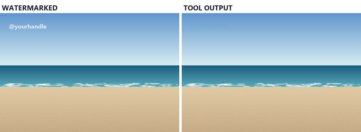 Side by side: a beach scene with a small white @yourhandle watermark in the top left of a blue sky, and the tool's output with the sky clear and no trace of the text.