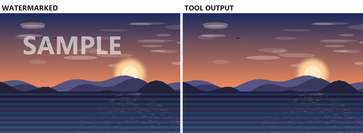 Side by side: a sunset over mountains and water with a large semi-transparent SAMPLE watermark across the sky, and the tool's output with the sky restored.