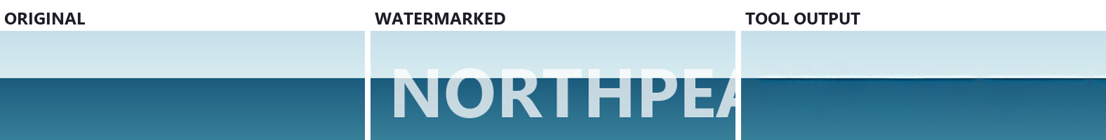 Zoomed comparison of a horizon line: the original with a straight edge between sky and sea, the watermarked version with NORTHPEAK STUDIO across it, and the tool's output where the horizon is slightly wavy with a pale streak.