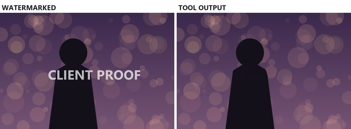 Side by side: a dark silhouetted figure against purple bokeh lights with CLIENT PROOF written across the body, and the tool's output with the text removed and the silhouette restored.