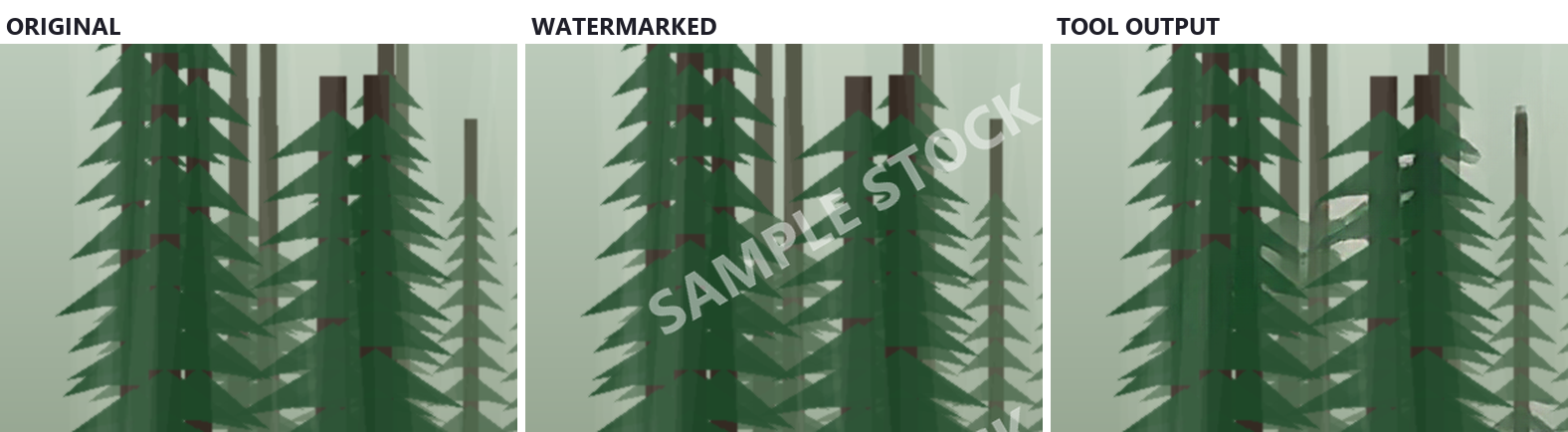 Zoomed comparison of pine trees: the original, the watermarked version with SAMPLE STOCK across the branches, and the tool's output with a pale smear across the branches, a broken branch shape and a trunk that stops in mid-air.