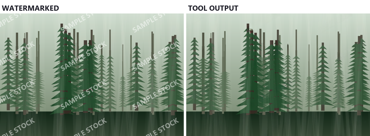 Side by side: a pine forest covered in diagonal SAMPLE STOCK watermarks repeated across the frame, and the tool's output with the text gone but several trees visibly smeared.