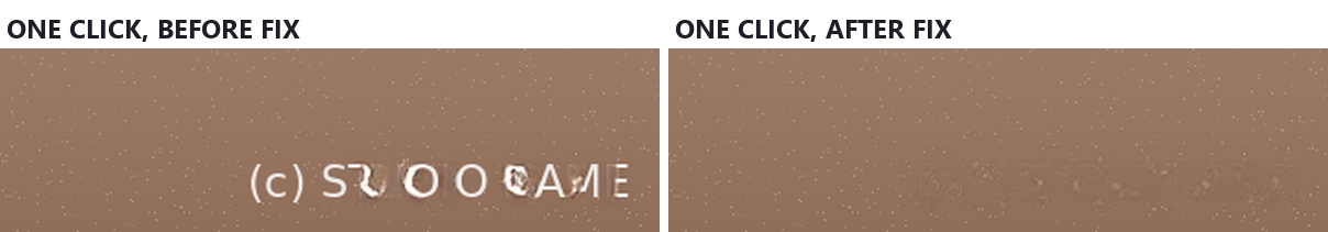 The bottom right corner after one-click Auto-Detect: before the fix, broken but readable letters of (c) STUDIO NAME remain; after the fix, only a faint smudge is left where the signature was.