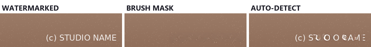Zoomed view of the bottom right corner: the (c) STUDIO NAME signature, the same corner cleaned by a careful brush mask, and the Auto-Detect result where broken letter shapes are still readable.