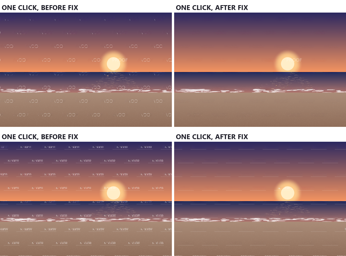 Two before-and-after pairs of one-click removal. Tiled PROOF: before the fix, fragments of every word remain; after, the sky and sand are clean except one PROOF over the sun's glow. Dense PREVIEW grid: before, ghost letters everywhere; after, the words are gone and only the thin underlines remain.