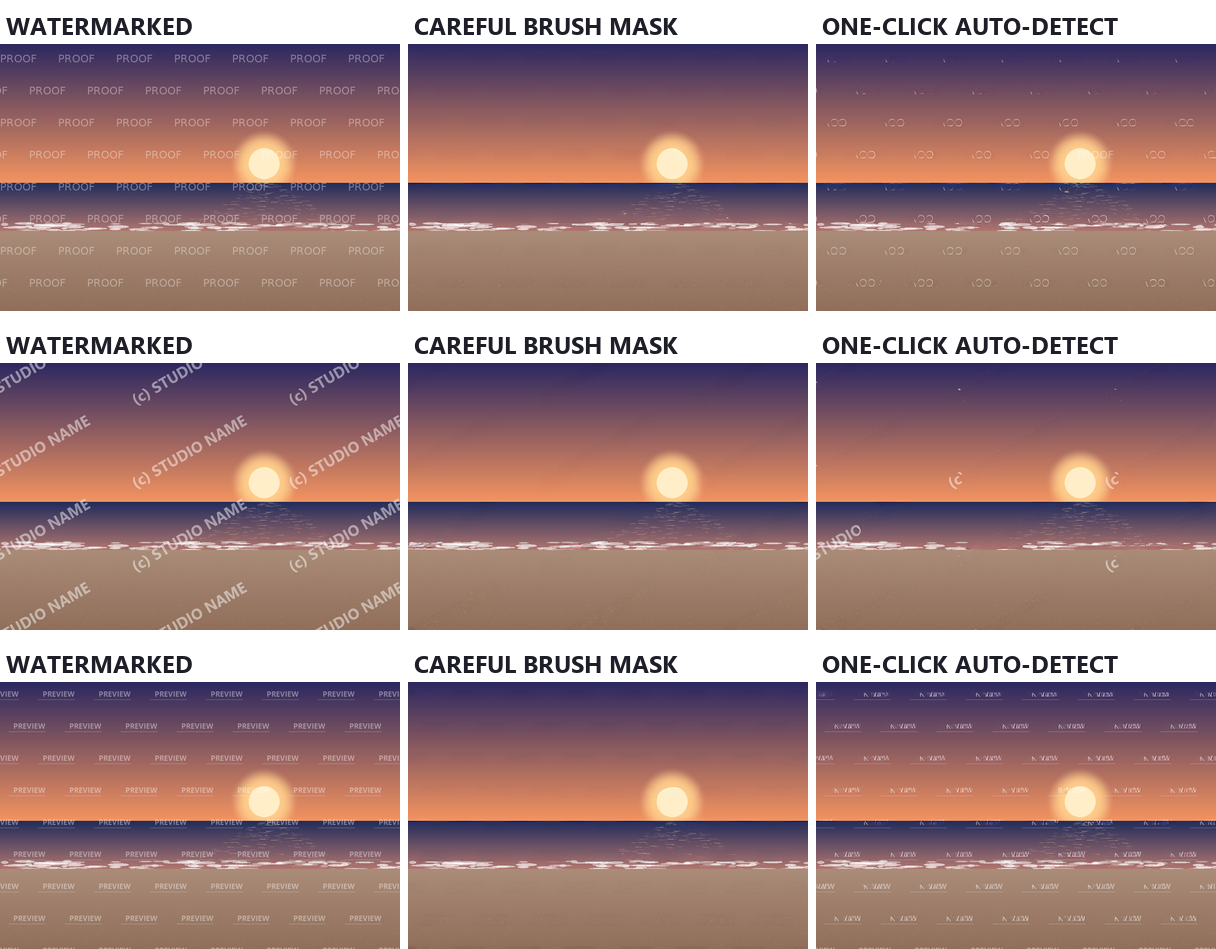 Three rows of the same beach photo with repeating watermarks: a tiled PROOF pattern, a diagonal (c) STUDIO NAME tile, and a dense PREVIEW grid. The careful brush column is clean in every row. The Auto-Detect column leaves fragments of PROOF, scattered pieces of the diagonal text, and ghostly outlines of the whole PREVIEW grid.